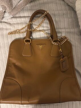 Prada Tan Leather Tote with Gold Chain Strap